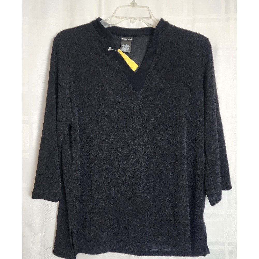 Citiknit Size L‎ Black 3/4 Sleeve Pullover V Neck Top Textured Design USA